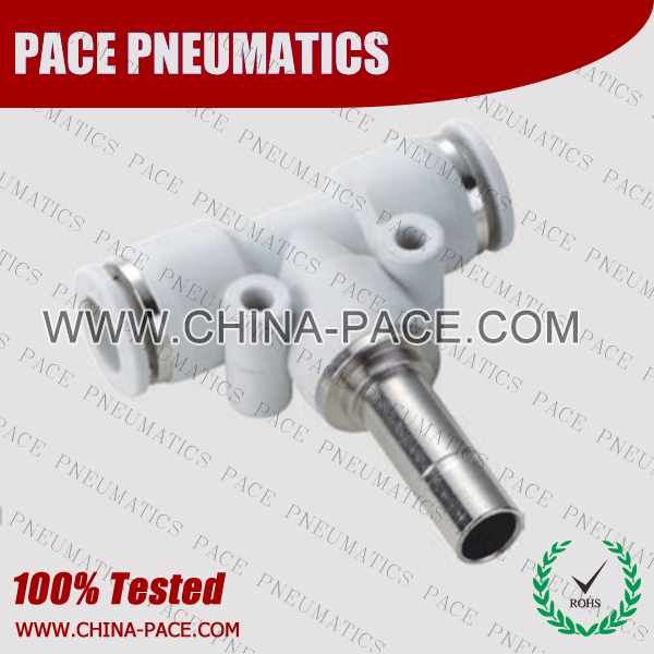 Grey White Plug-In Branch Tee Push In Fittings, Polymer Pneumatic Push To Connect Fittings, Plastic Air Fittings, Composite one touch tube fittings, Pneumatic Fitting, Nickel Plated Brass Push in Fittings, pneumatic accessories.